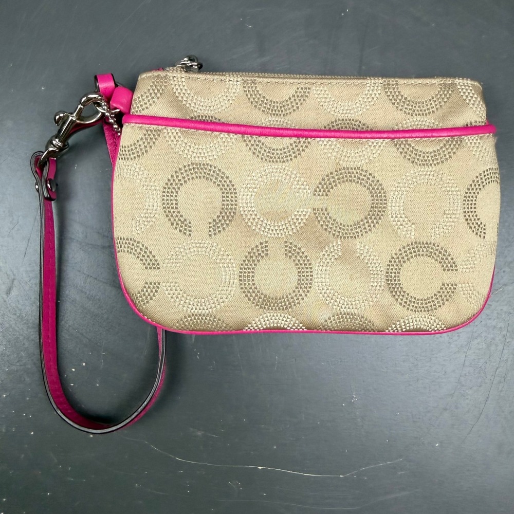 Coach Optic Signature Canvas Wristlet Tan Pink Leather Trim Zip Clutch Bag